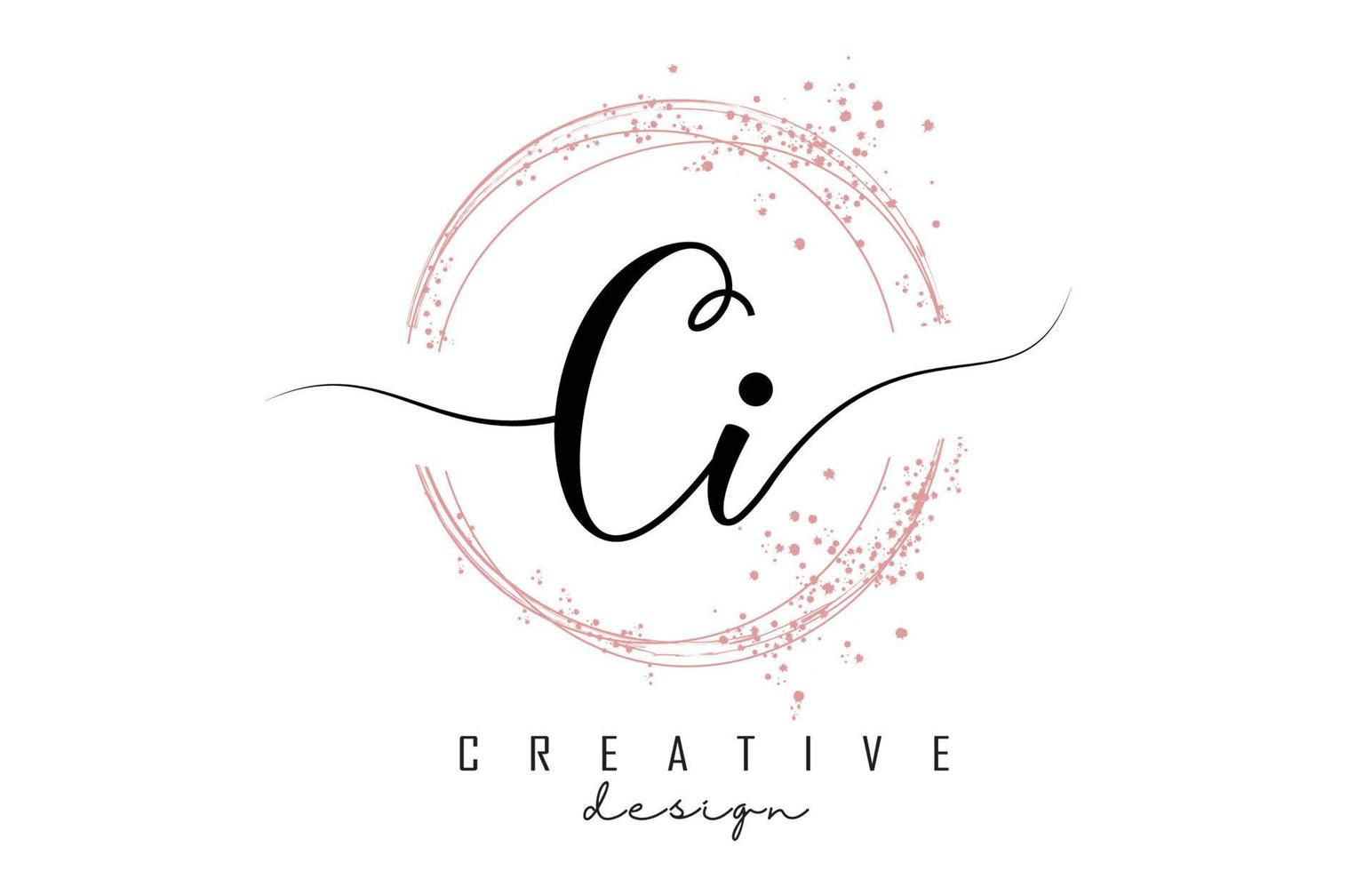 Handwritten CI C I letter logo with sparkling circles with pink glitter. vector
