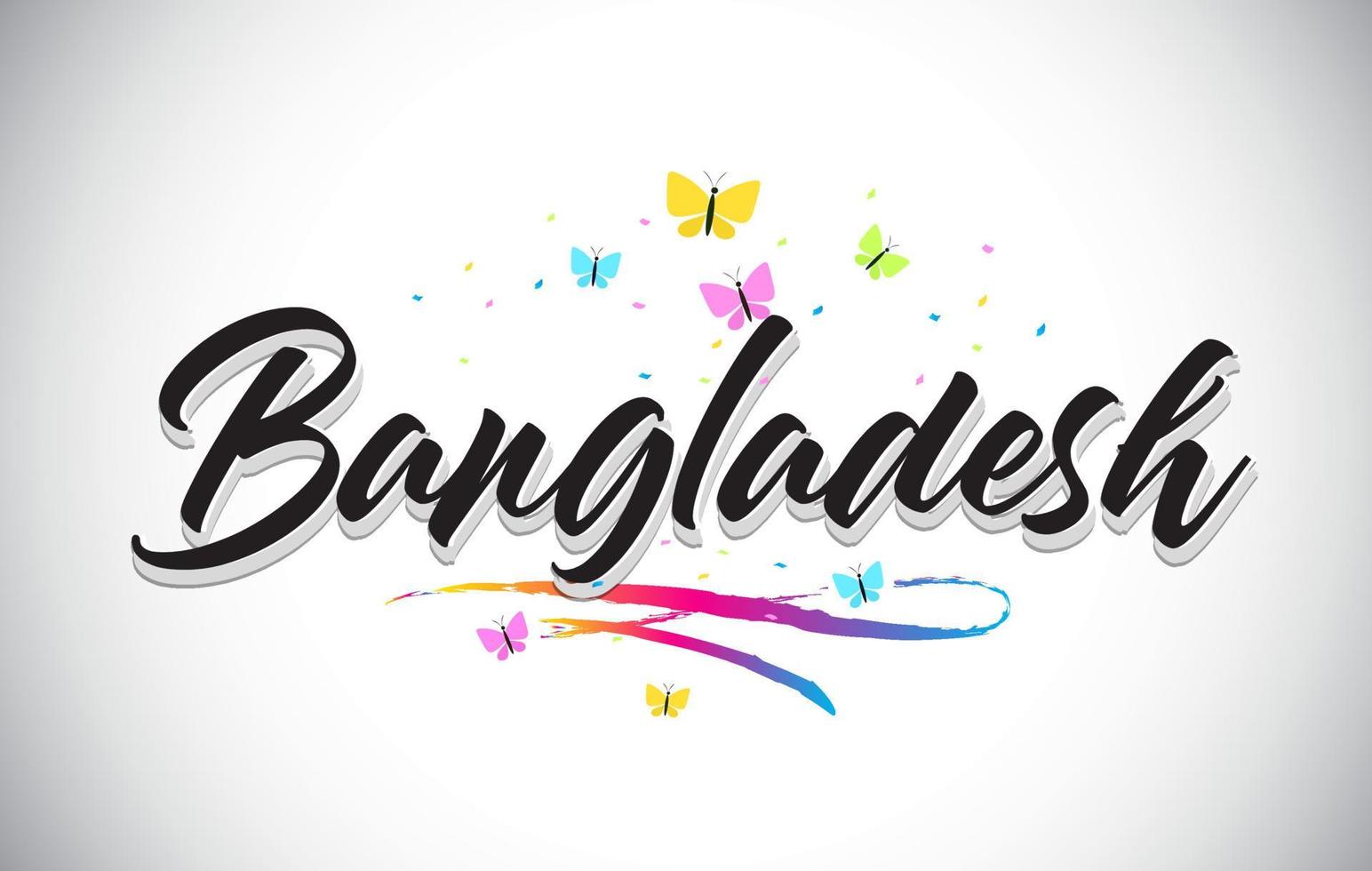 Bangladesh Handwritten Vector Word Text with Butterflies and Colorful Swoosh.