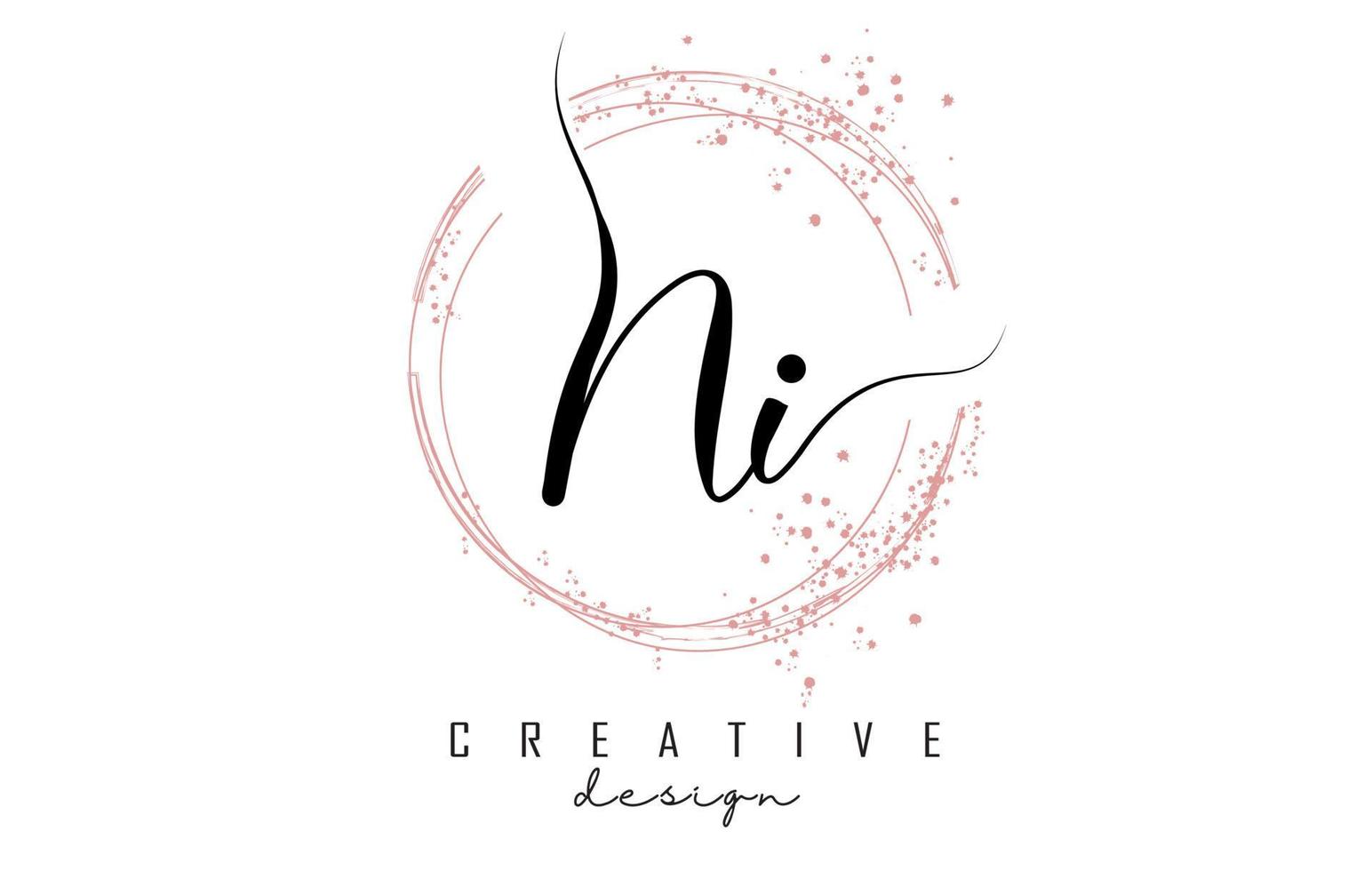 Handwritten NI N i letter logo with sparkling circles with pink glitter. vector