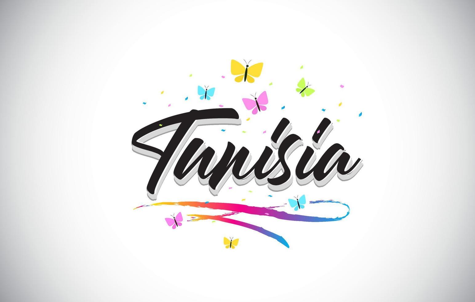 Tunisia Handwritten Vector Word Text with Butterflies and Colorful Swoosh.