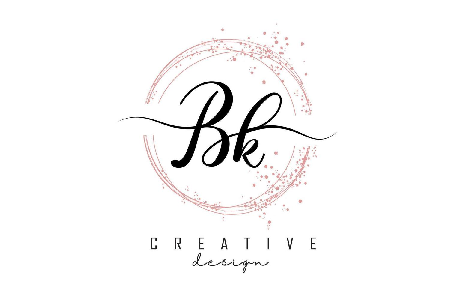 Handwritten Bk B k letter logo with sparkling circles with pink glitter. vector