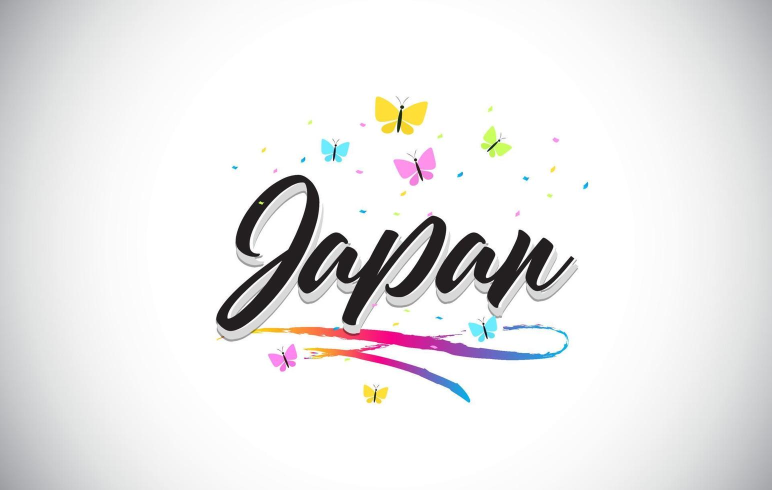 Japan Handwritten Vector Word Text with Butterflies and Colorful Swoosh.