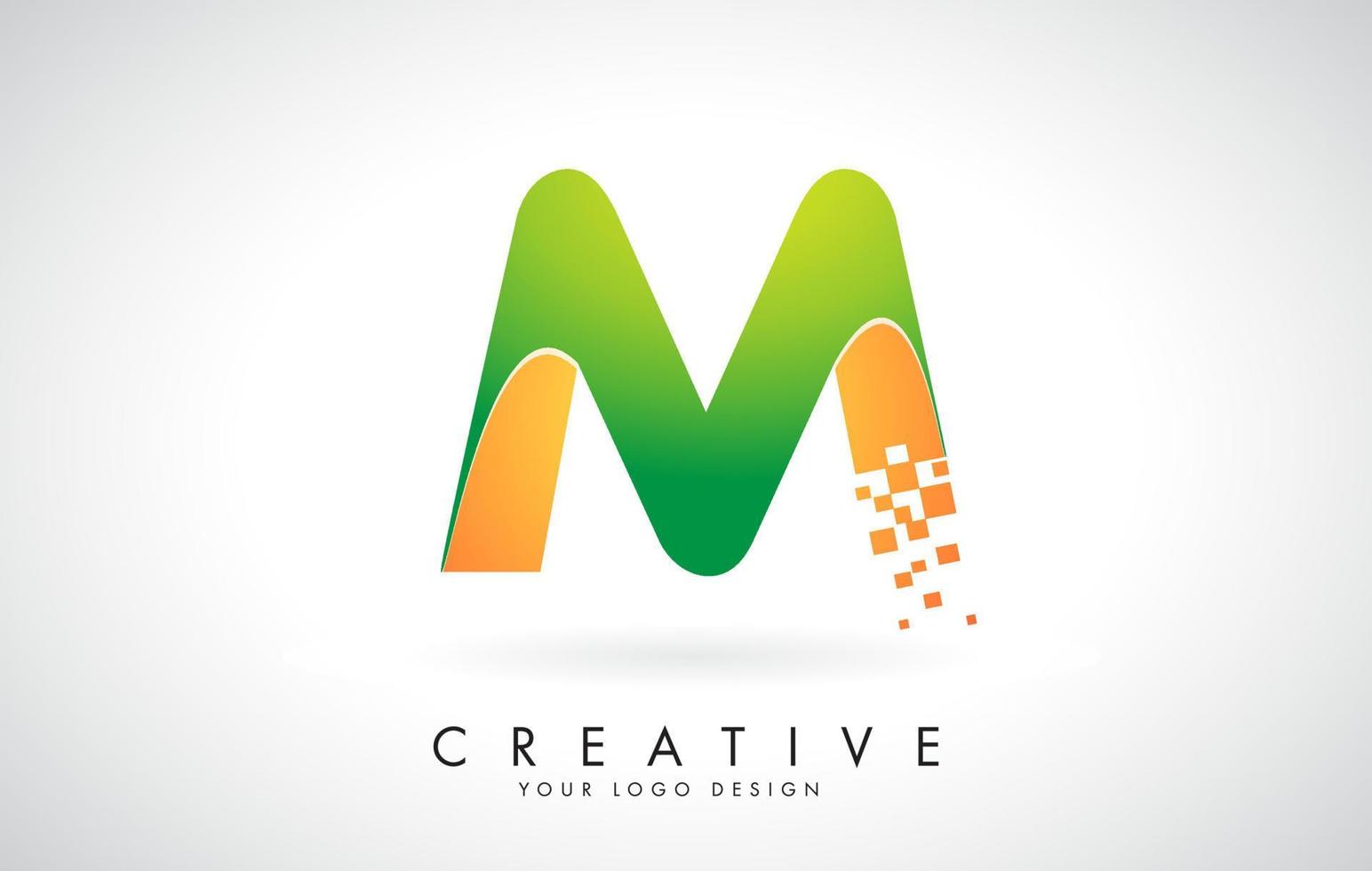 Diseño de logotipo letra m en colores brillantes con pequeños bloques rotos sobre fondo blanco. vector