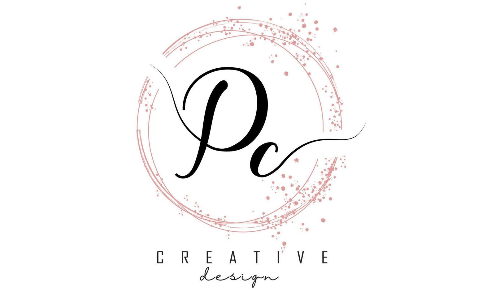 Handwritten PC P C letter logo with sparkling circles with pink glitter. vector