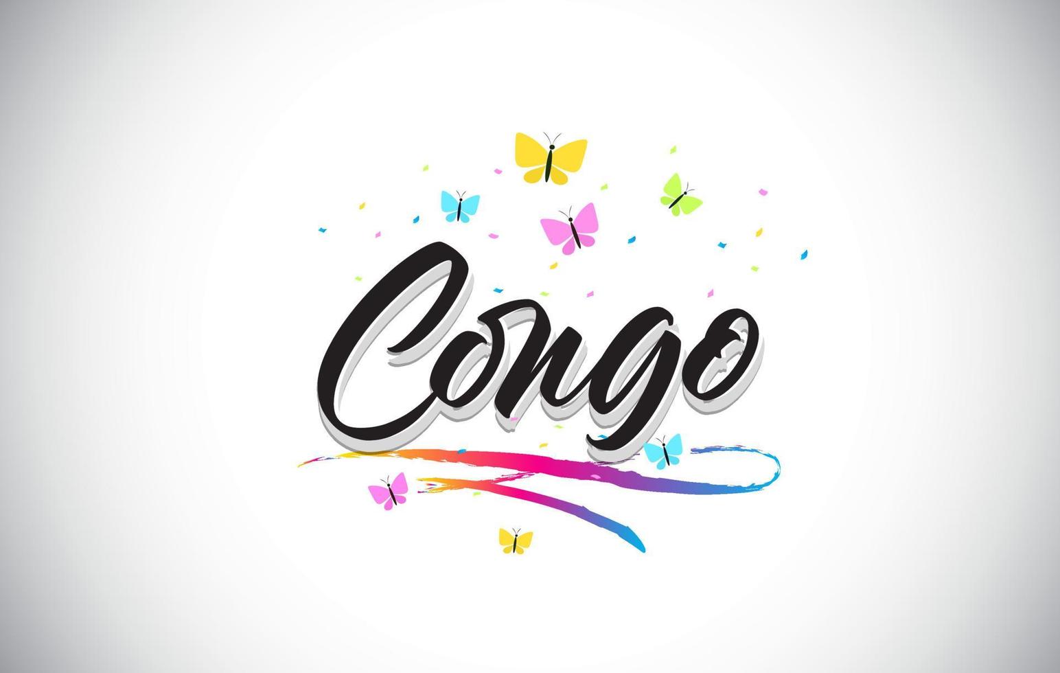 Congo Handwritten Vector Word Text with Butterflies and Colorful Swoosh.