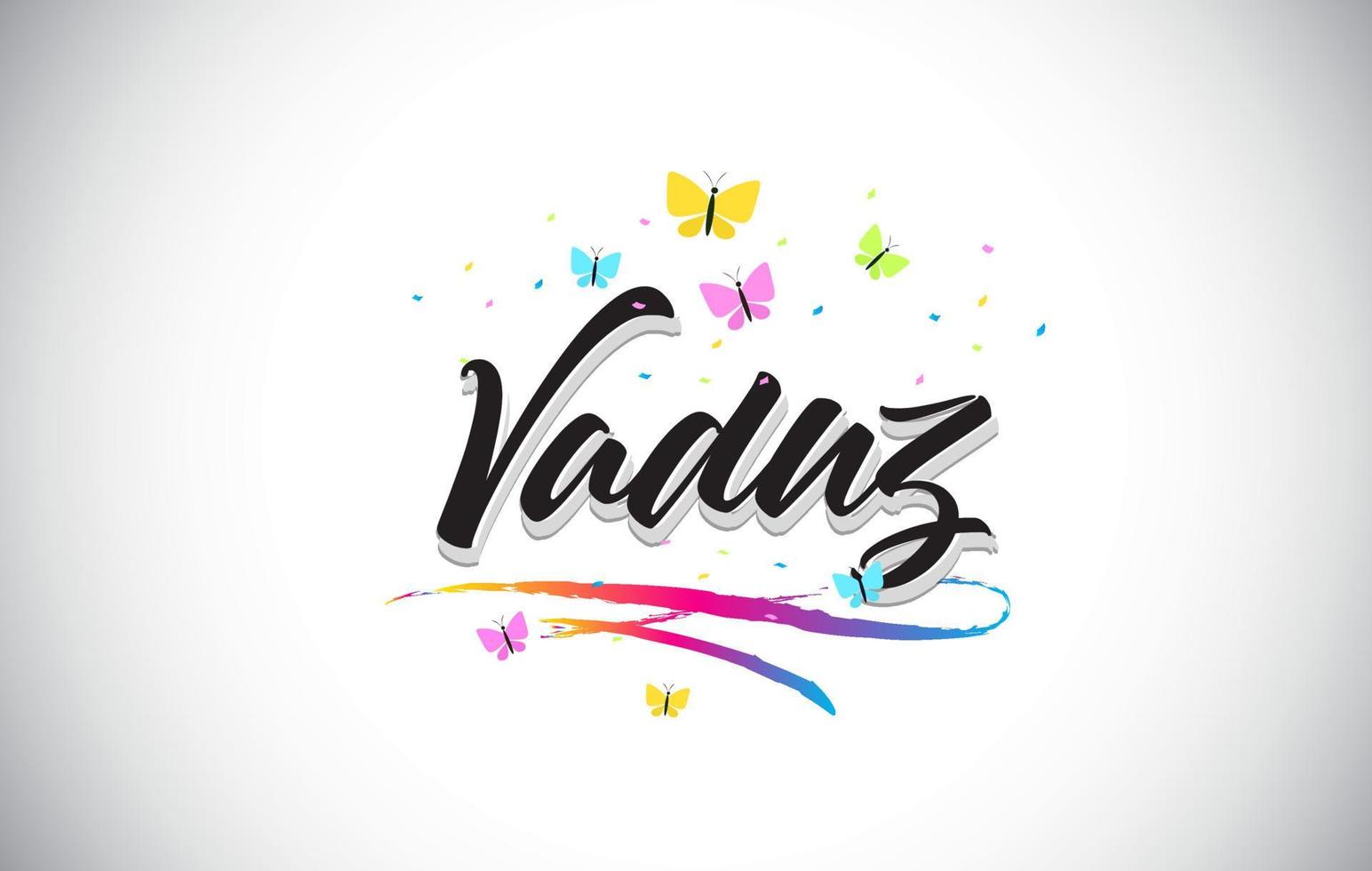 Vaduz Handwritten Vector Word Text with Butterflies and Colorful Swoosh.