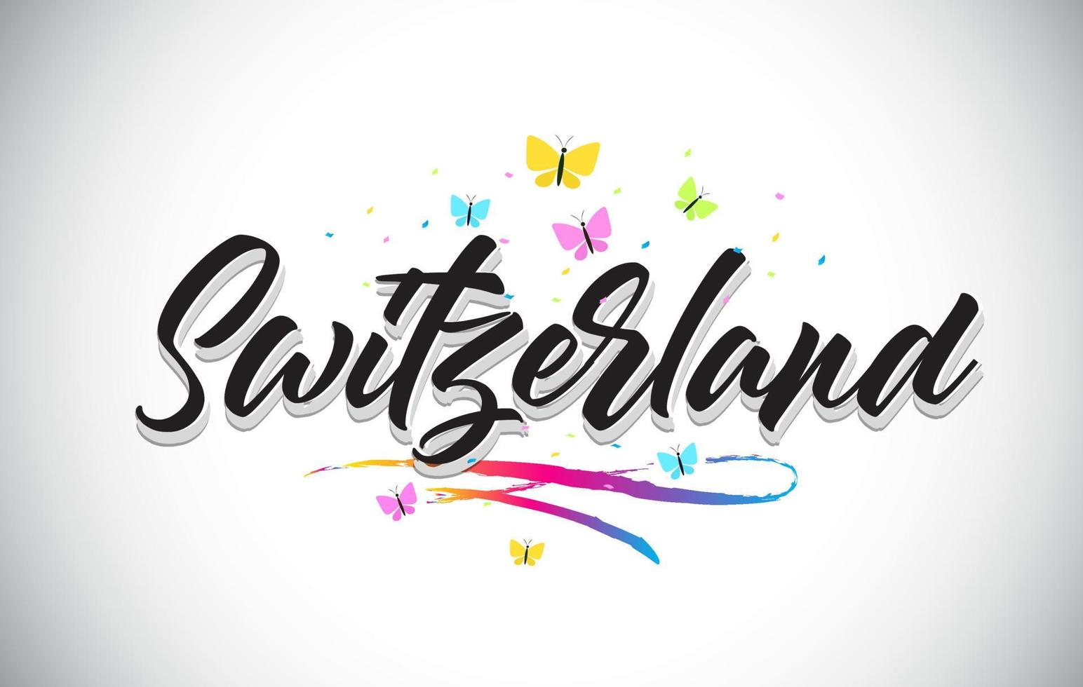 Switzerland Handwritten Vector Word Text with Butterflies and Colorful Swoosh.