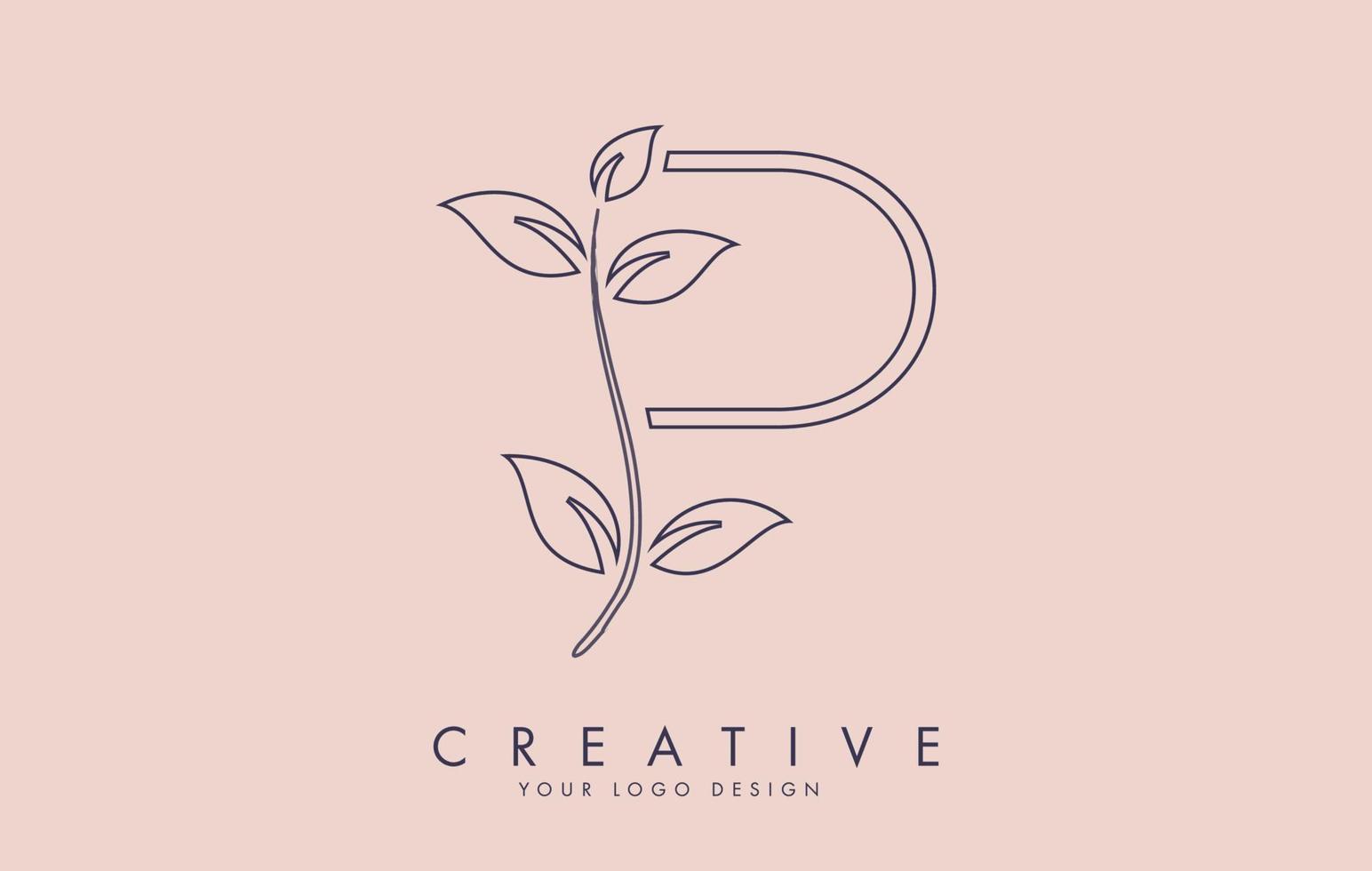 Outline Leaf Letter P Logo Design with Leaves on a Branch and Pink Background. Letter P with nature concept. vector