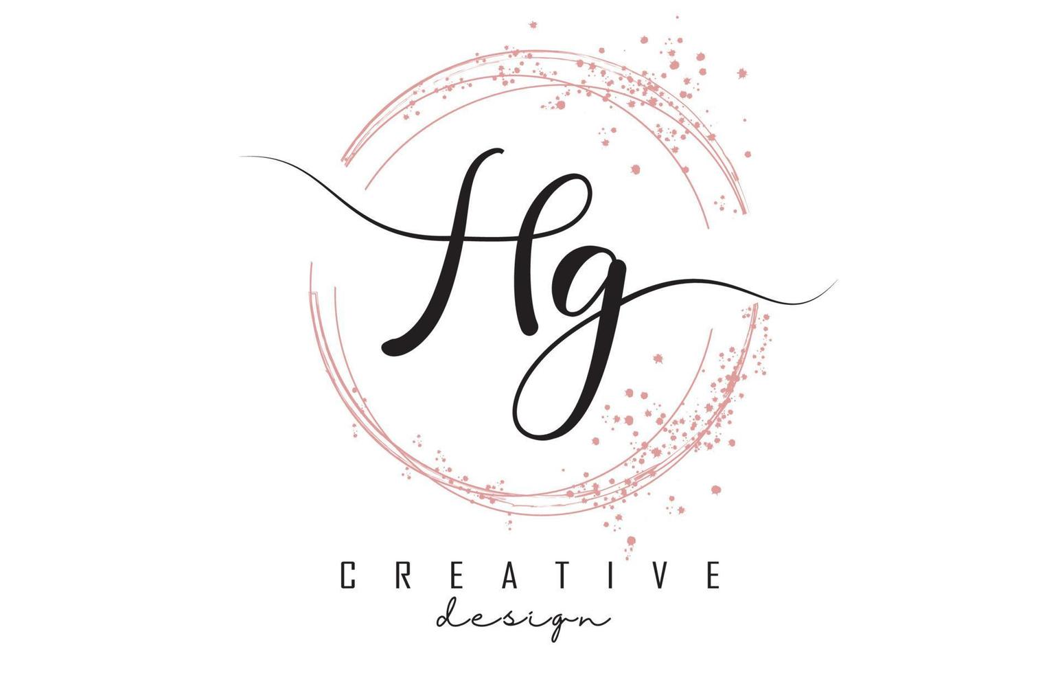 Logotipo de letra hg hg manuscrita con círculos brillantes con brillo rosa. vector