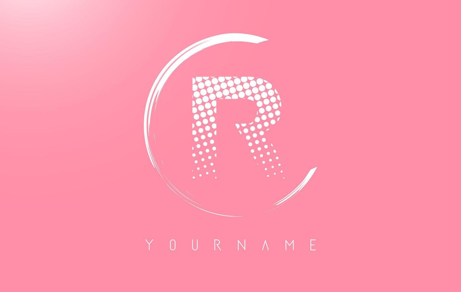 White R letter logo design with white dots and white circle frame on pink background. vector