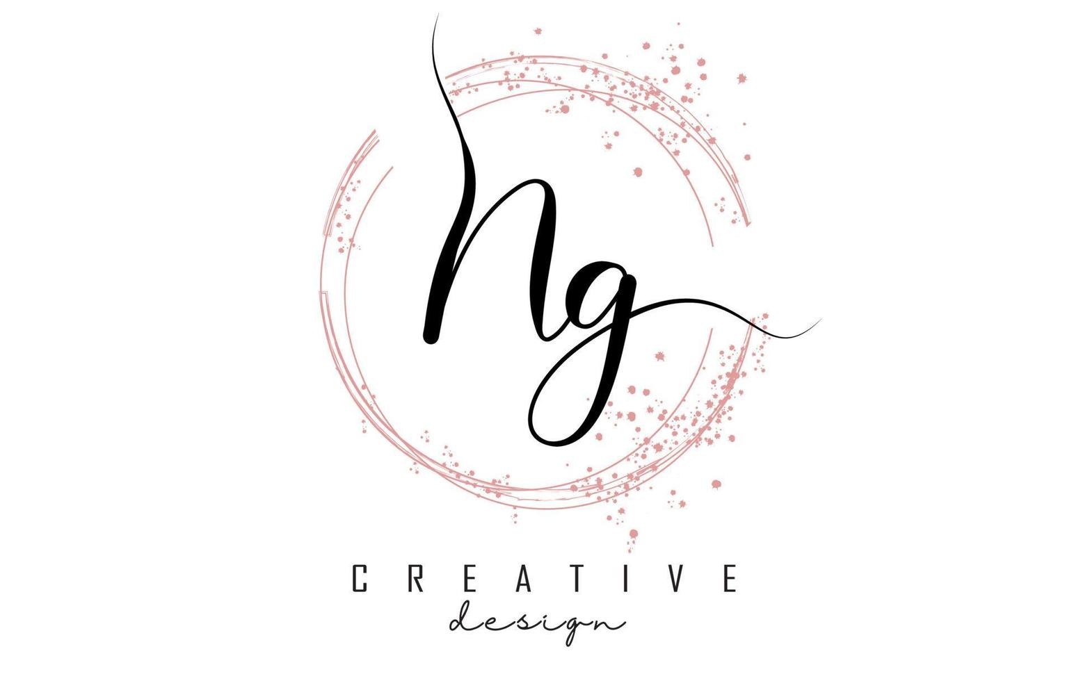 Handwritten NG N G letter logo with sparkling circles with pink glitter. vector