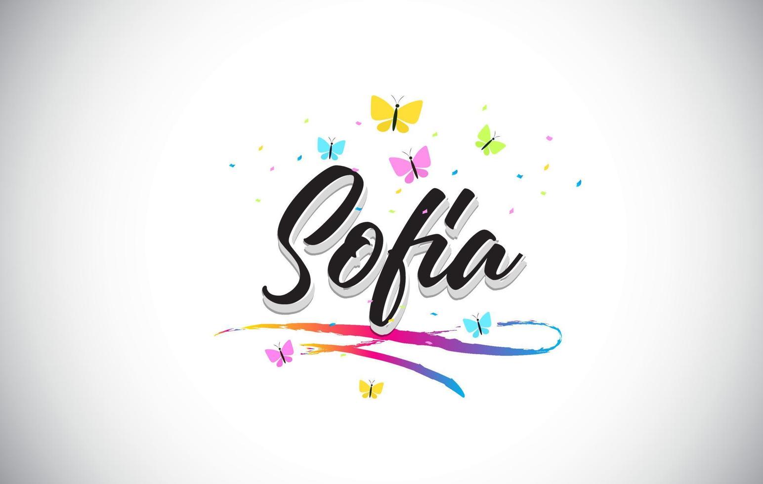 Sofia Handwritten Vector Word Text with Butterflies and Colorful Swoosh.