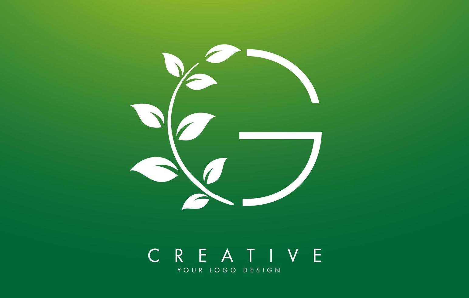 White Leaf Letter G Logo Design with Leaves on a Branch and Green Background. Letter G with nature concept. vector