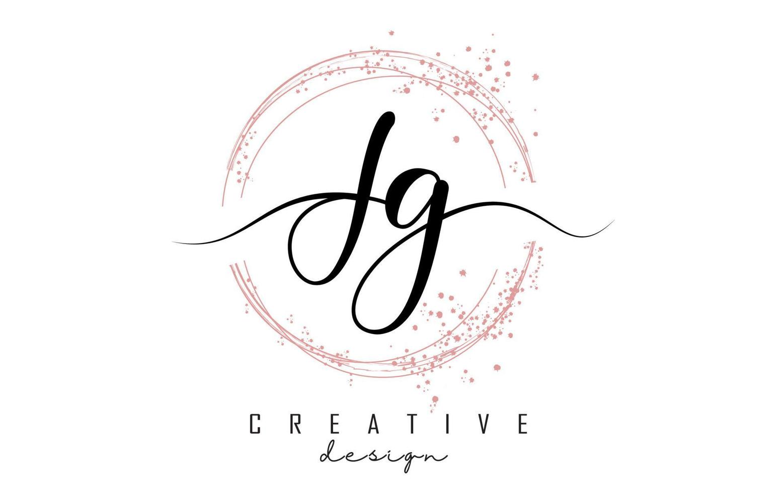 Handwritten JG J G letter logo with sparkling circles with pink glitter. vector