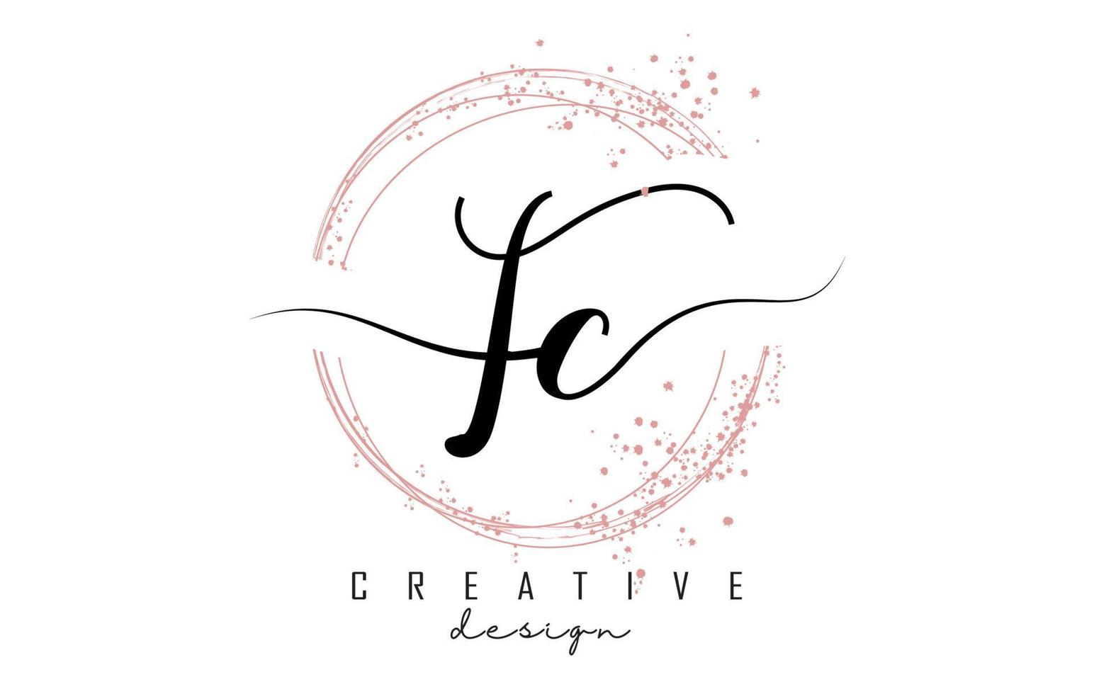 Handwritten FC F C letter logo with sparkling circles with pink glitter. vector