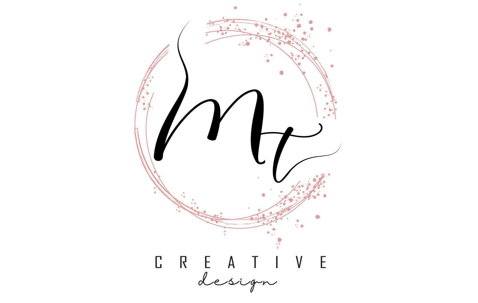 Handwritten MT M T letter logo with sparkling circles with pink glitter. vector