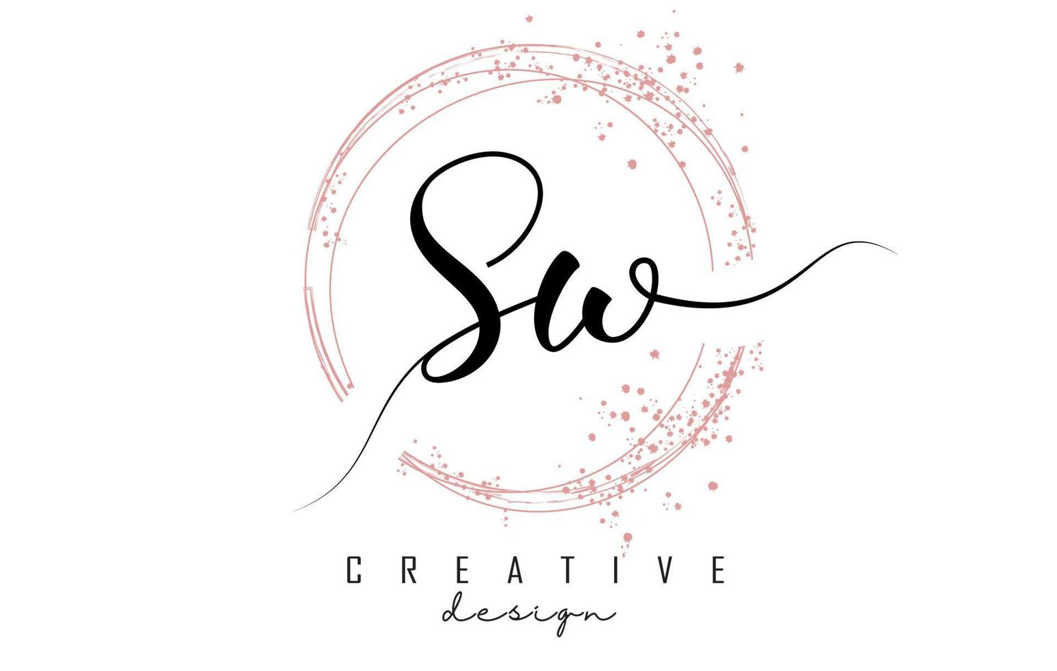 Handwritten SW S W letter logo with sparkling circles with pink glitter. vector