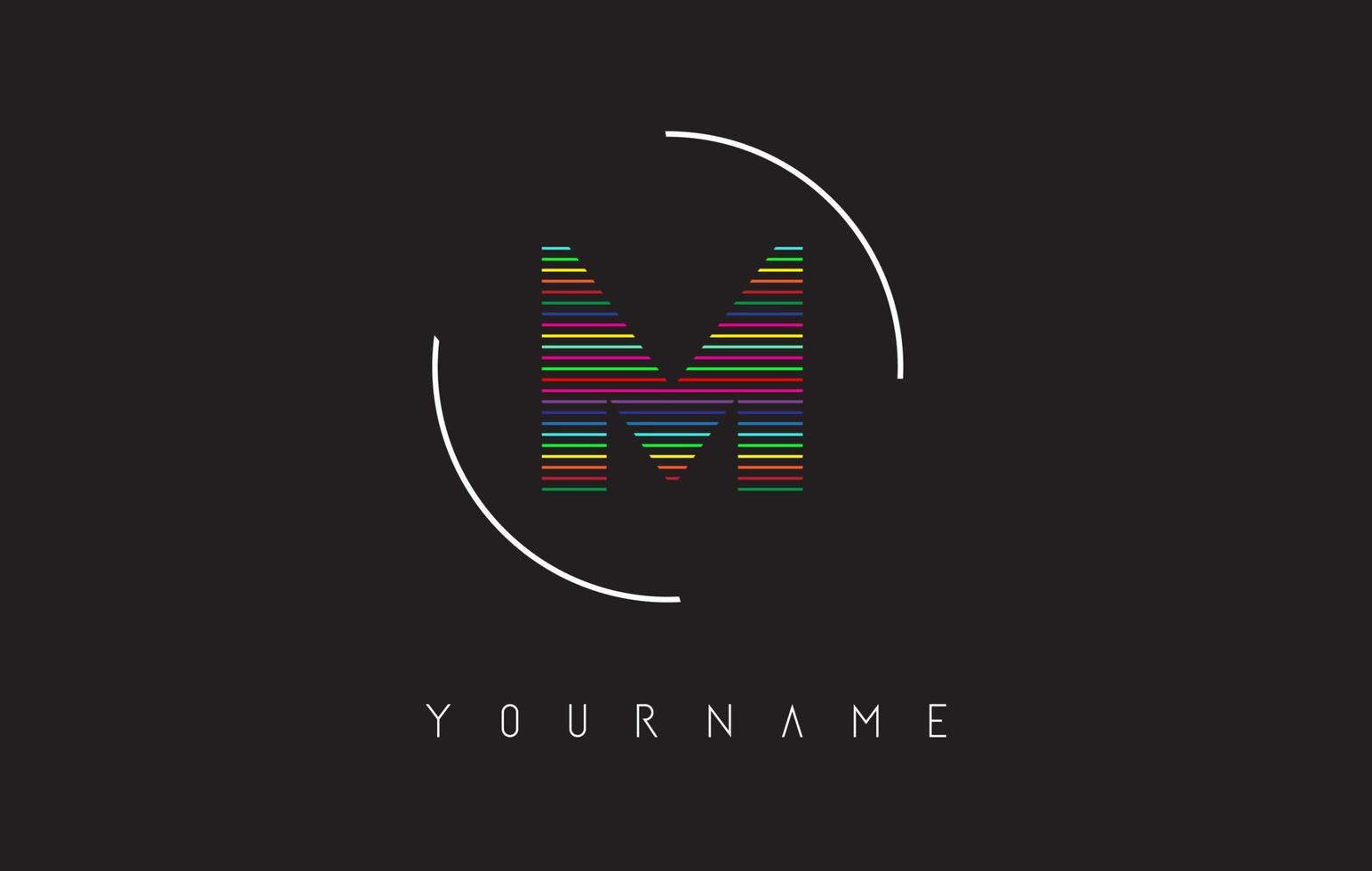 M Letter logo design with bright and bold rainbow lines and rounded frame. vector