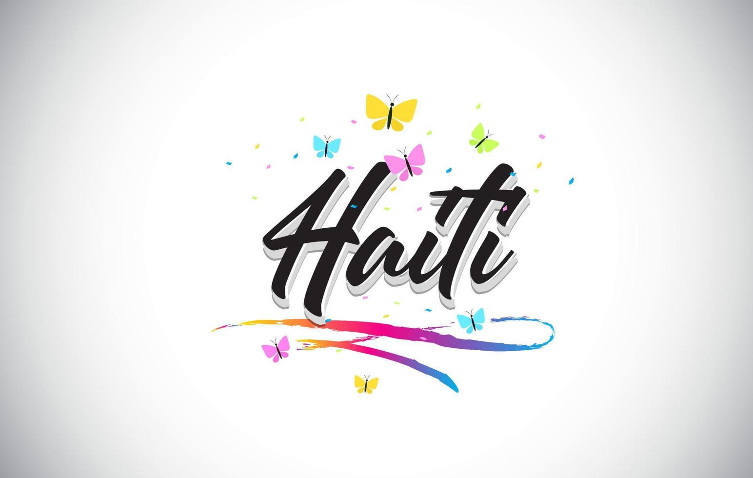 Haiti Handwritten Vector Word Text with Butterflies and Colorful Swoosh.