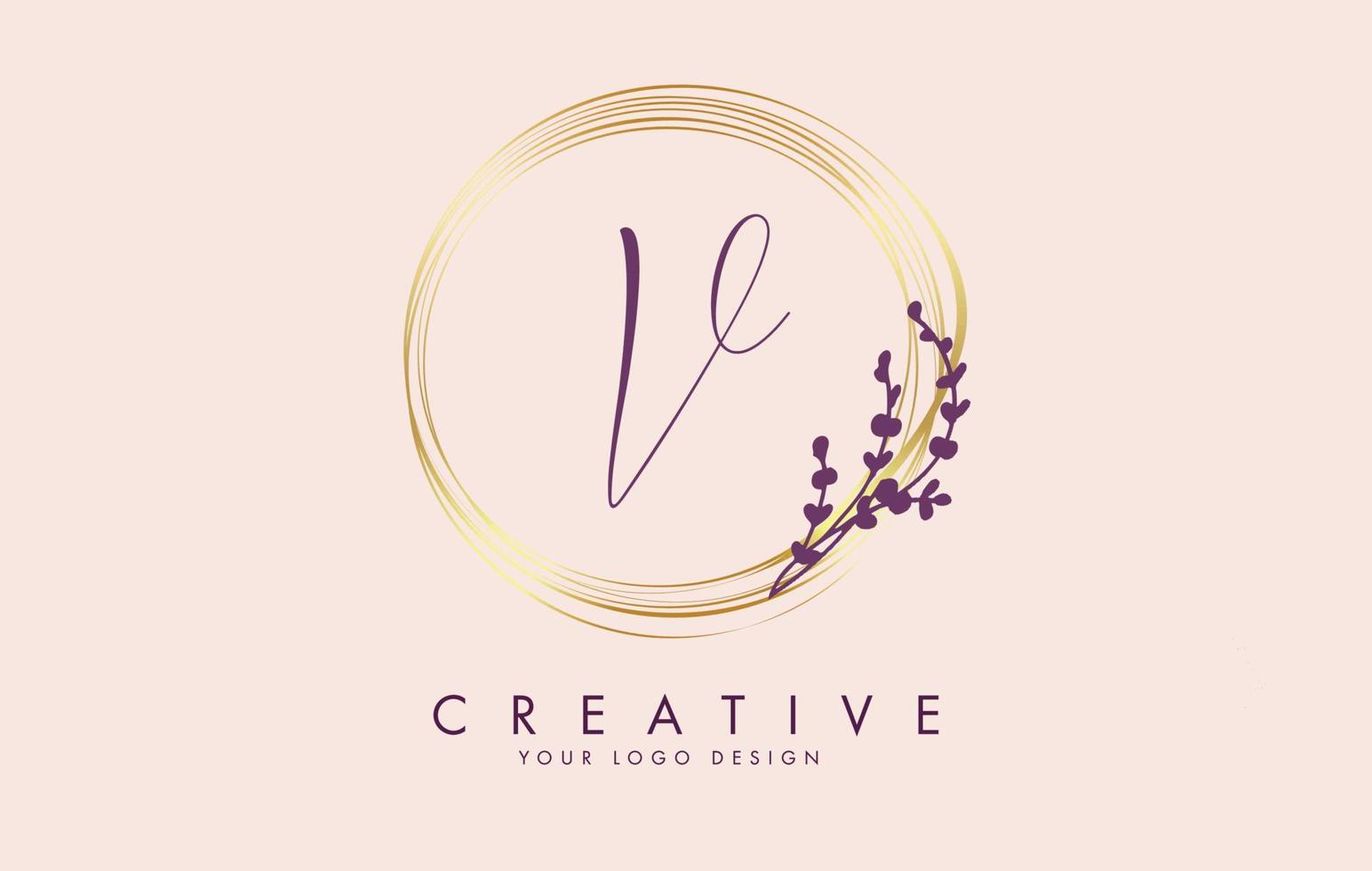 Handwritten V Letter logo design with golden circles and purple leaves on branches around. Vector Illustration with V letter.