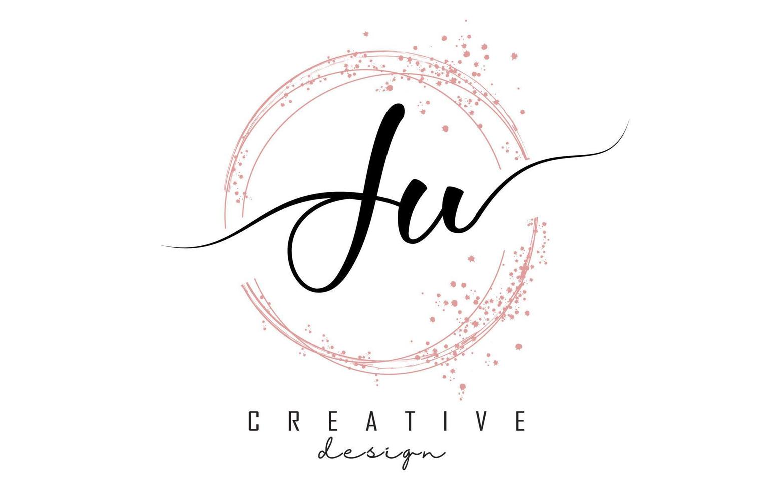 Handwritten JU J U letter logo with sparkling circles with pink glitter. vector