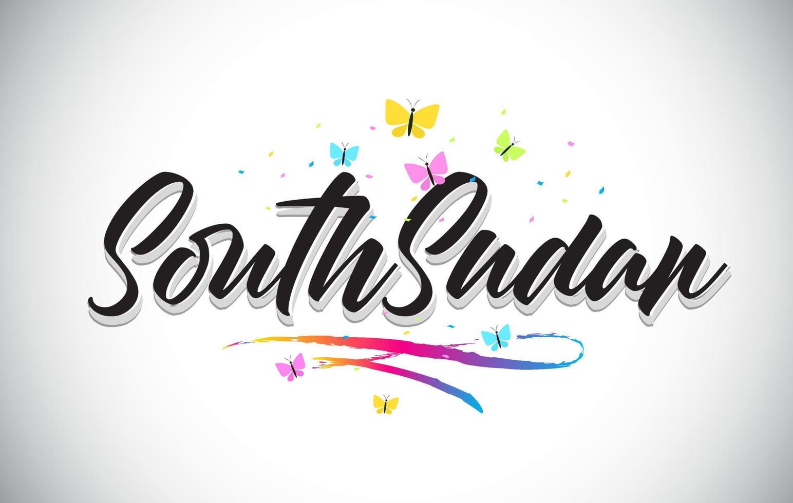 SouthSudan Handwritten Vector Word Text with Butterflies and Colorful Swoosh.