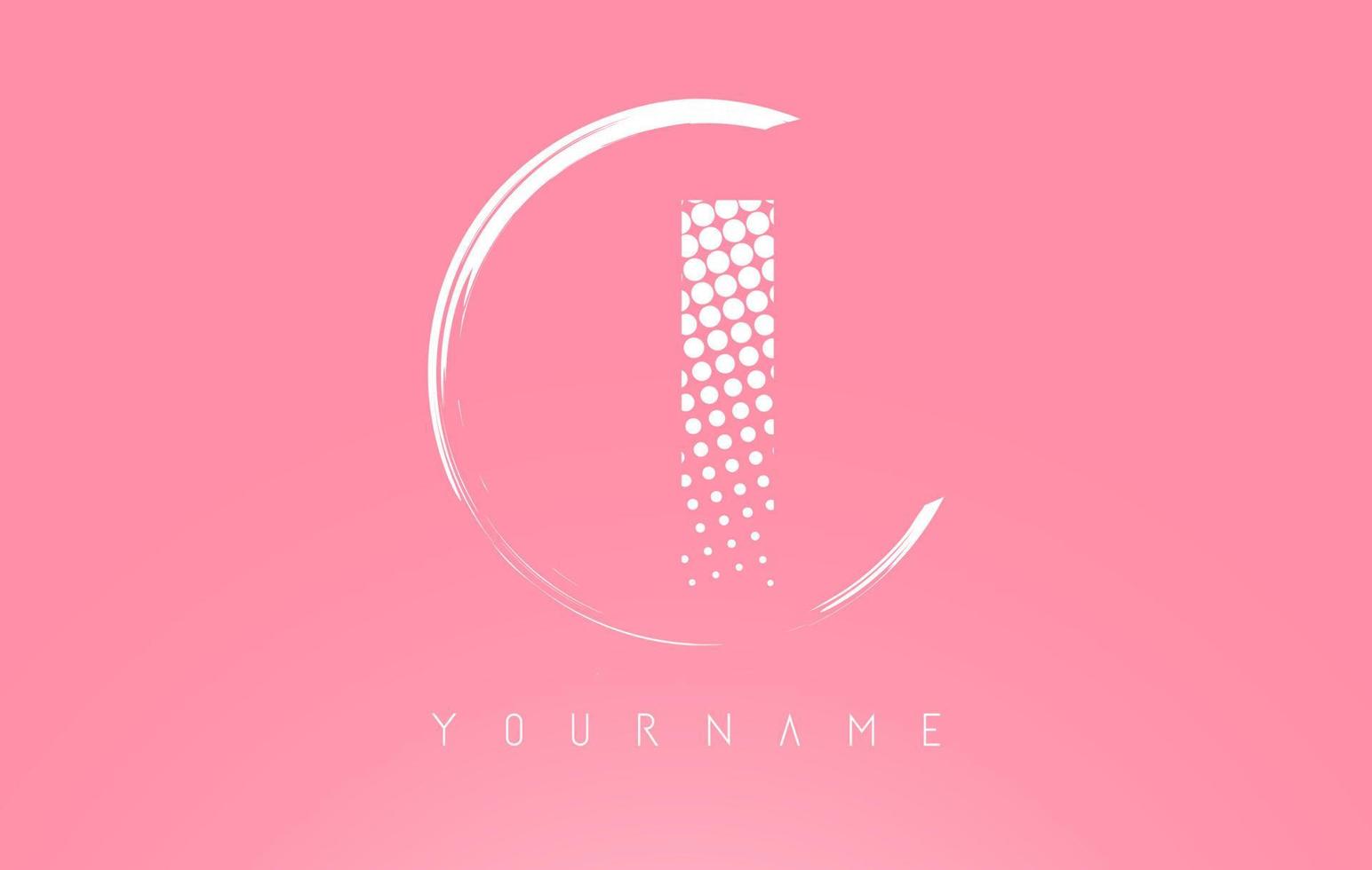 White I letter logo design with white dots and white circle frame on pink background. vector