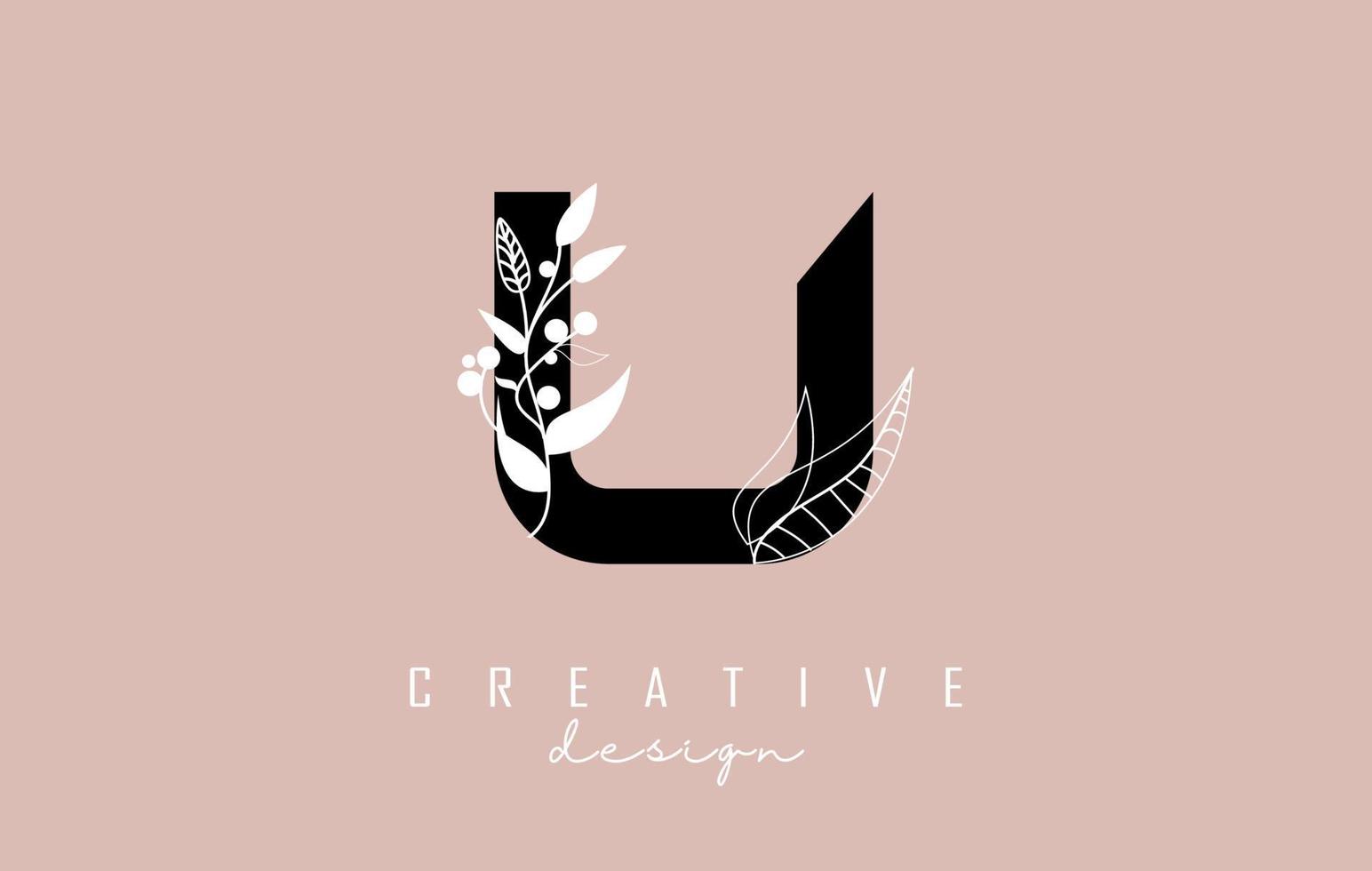 U Black Letter Logo with white leaves, leaf, branch design. Creative and elegant vector illustration with letter U.