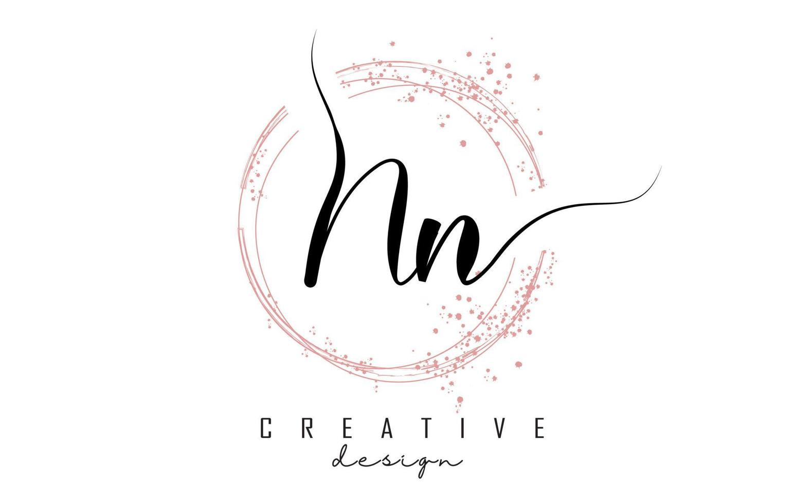 Handwritten Nn N n letter logo with sparkling circles with pink glitter. vector