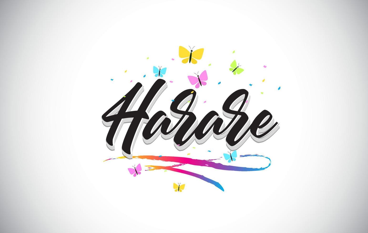 Harare Handwritten Vector Word Text with Butterflies and Colorful Swoosh.