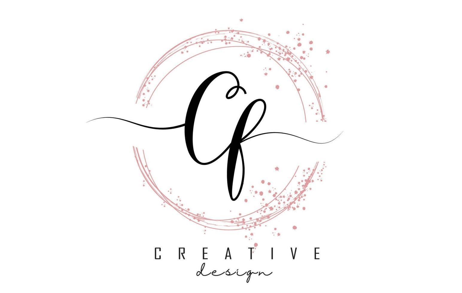 Handwritten CF C F letter logo with sparkling circles with pink glitter. vector