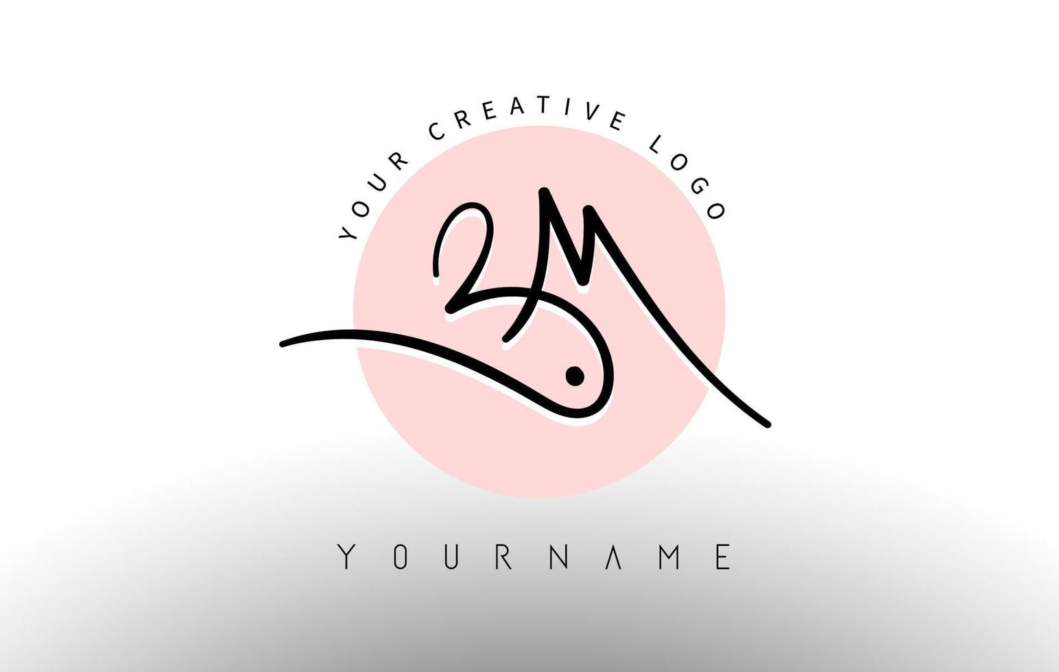 Handwritten Letters BM b m Logo with rounded lettering and pink circle background design. vector