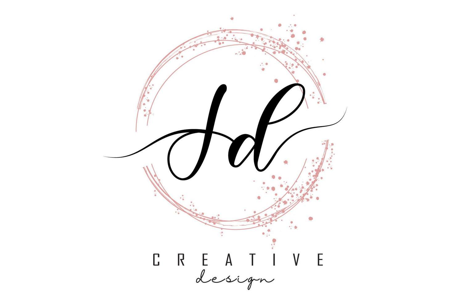 Handwritten JD J D letter logo with sparkling circles with pink glitter. vector