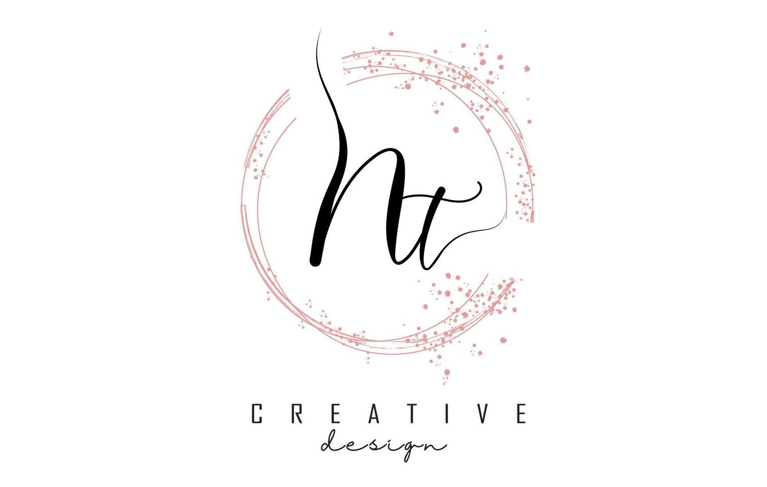 Handwritten NT N T letter logo with sparkling circles with pink glitter. vector