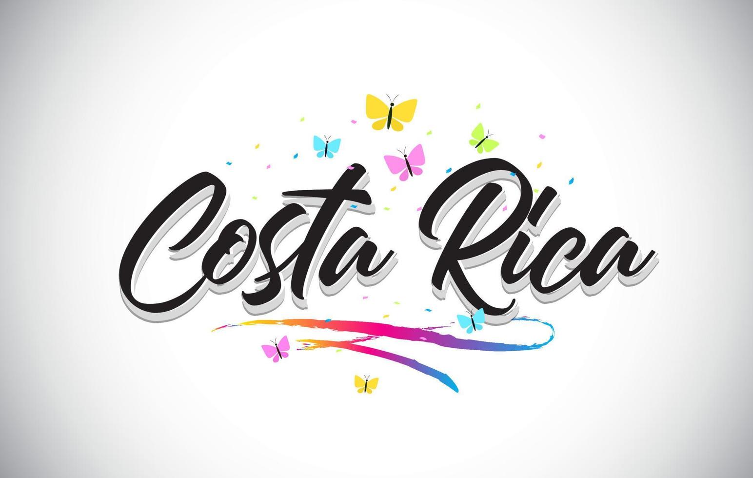 Costa Rica texto manuscrito de la palabra del vector con las mariposas y el swoosh colorido.