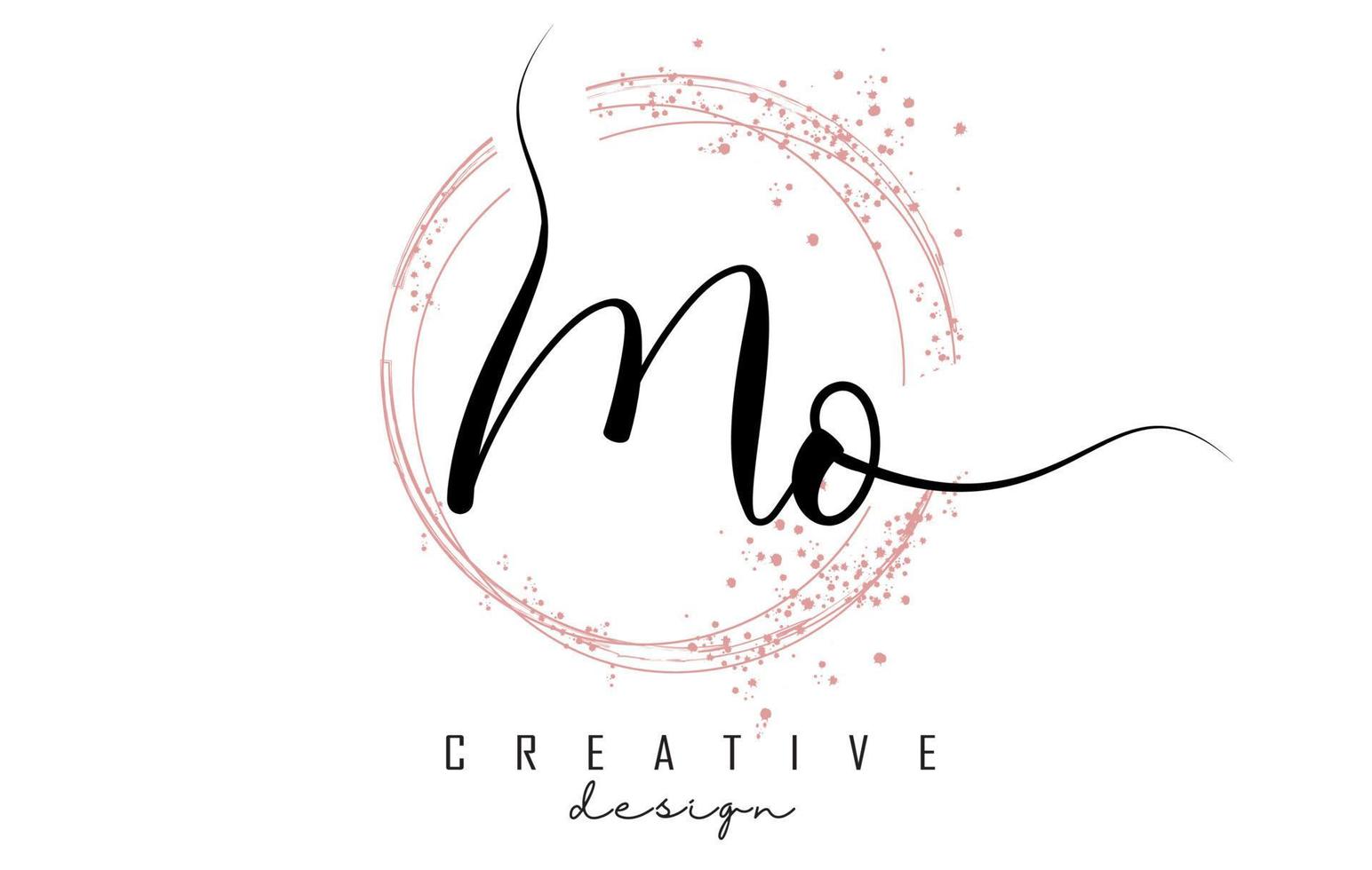 Handwritten Mo M o letter logo with sparkling circles with pink glitter. vector