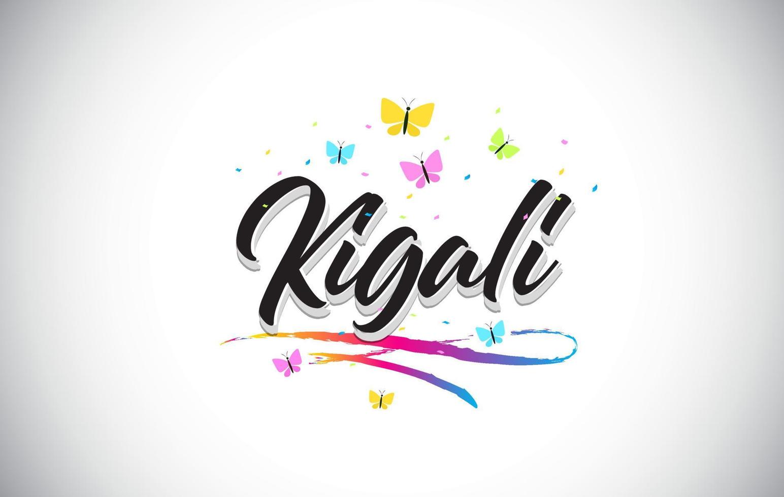 Kigali Handwritten Vector Word Text with Butterflies and Colorful Swoosh.