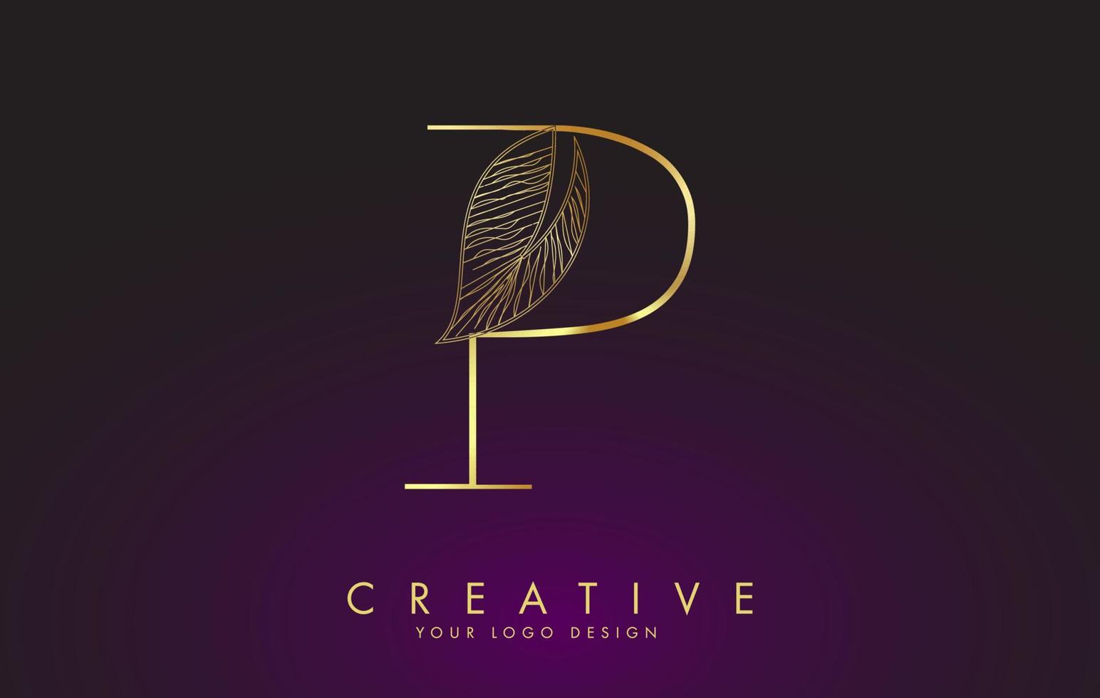 Outline Golden Letter P Logo icon with Wired Leaf Concept Design. vector