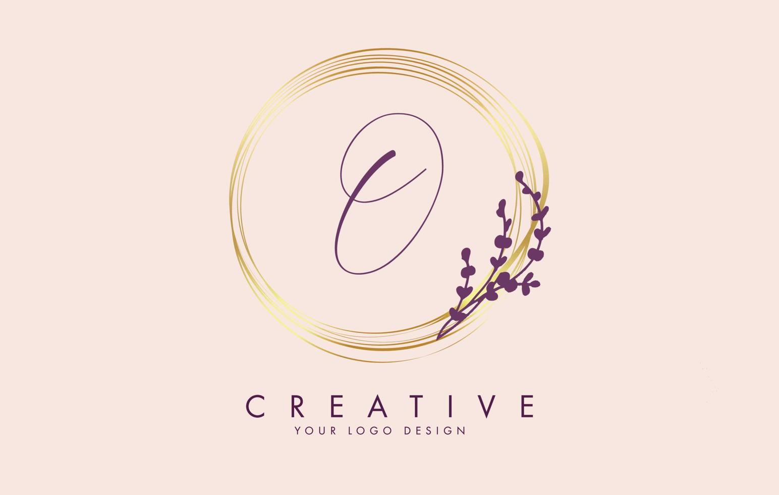 Handwritten O Letter logo design with golden circles and purple leaves on branches around. Vector Illustration with  O letter.