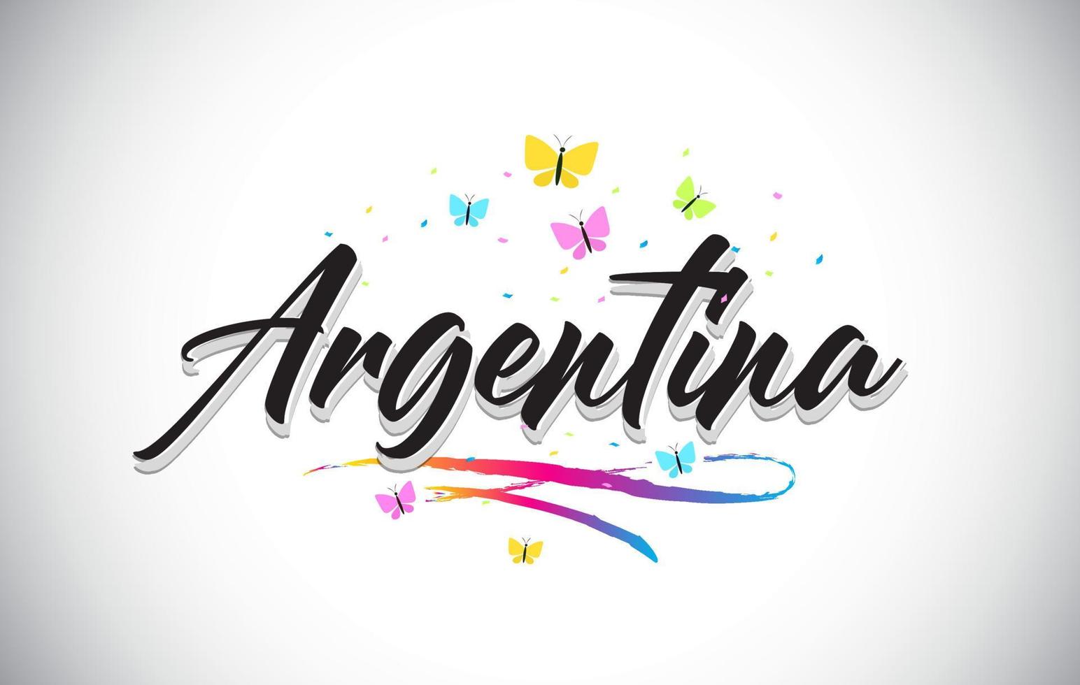 Argentina Handwritten Vector Word Text with Butterflies and Colorful Swoosh.