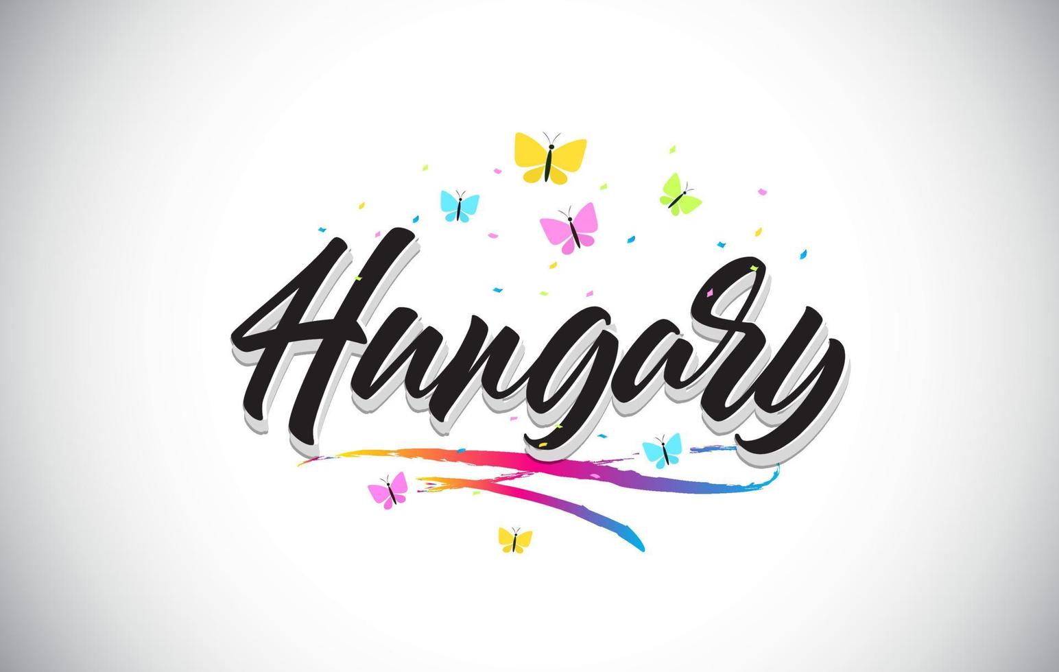 Hungary Handwritten Vector Word Text with Butterflies and Colorful Swoosh.