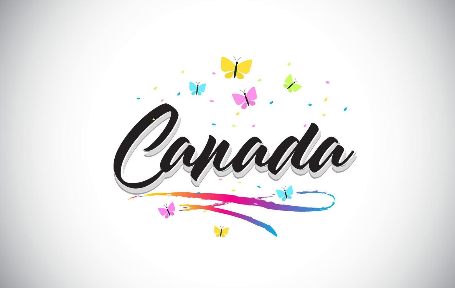 Canada Handwritten Vector Word Text with Butterflies and Colorful Swoosh.