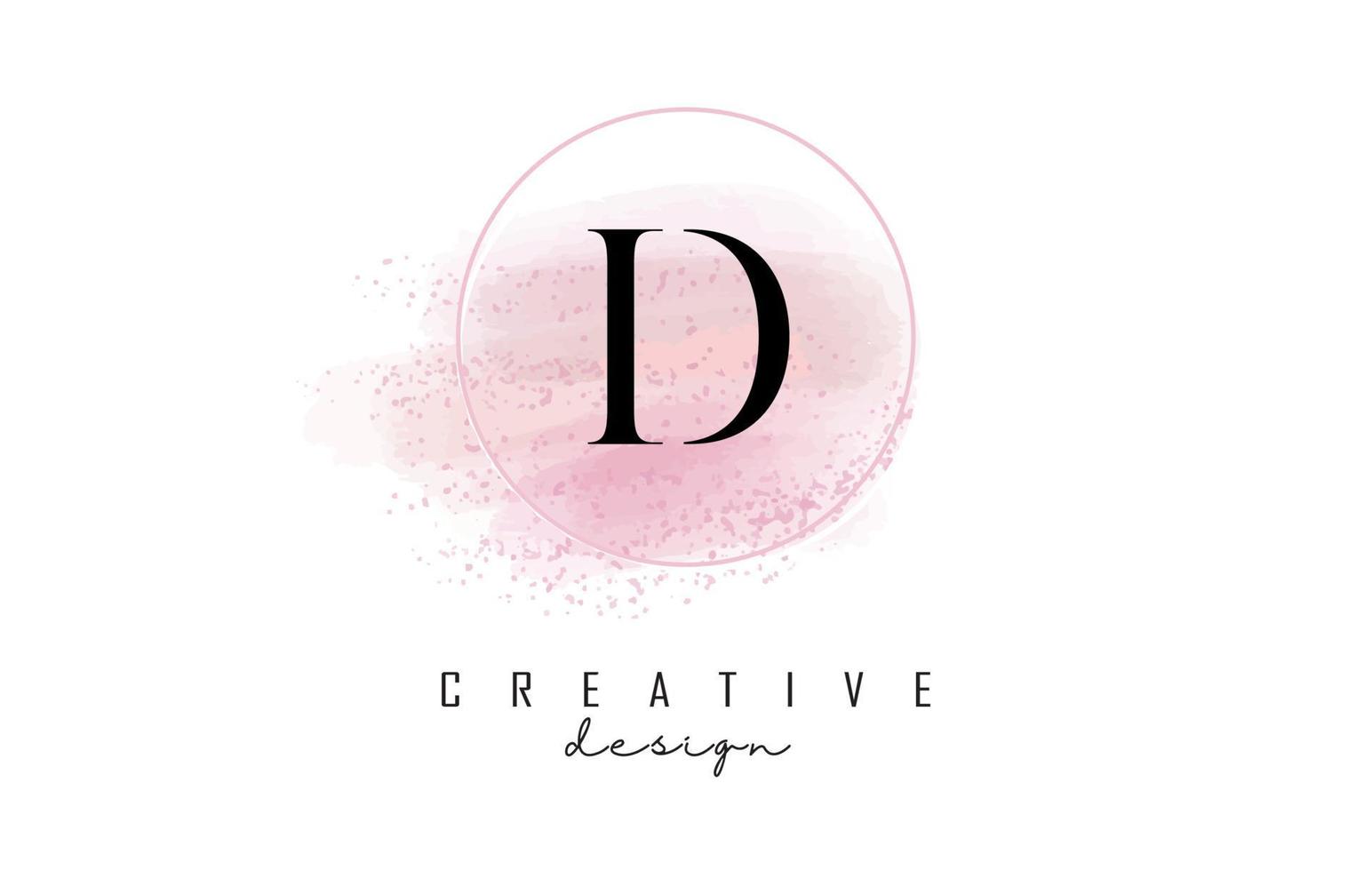 D letter logo design with glittery round frame and pink watercolor background. vector