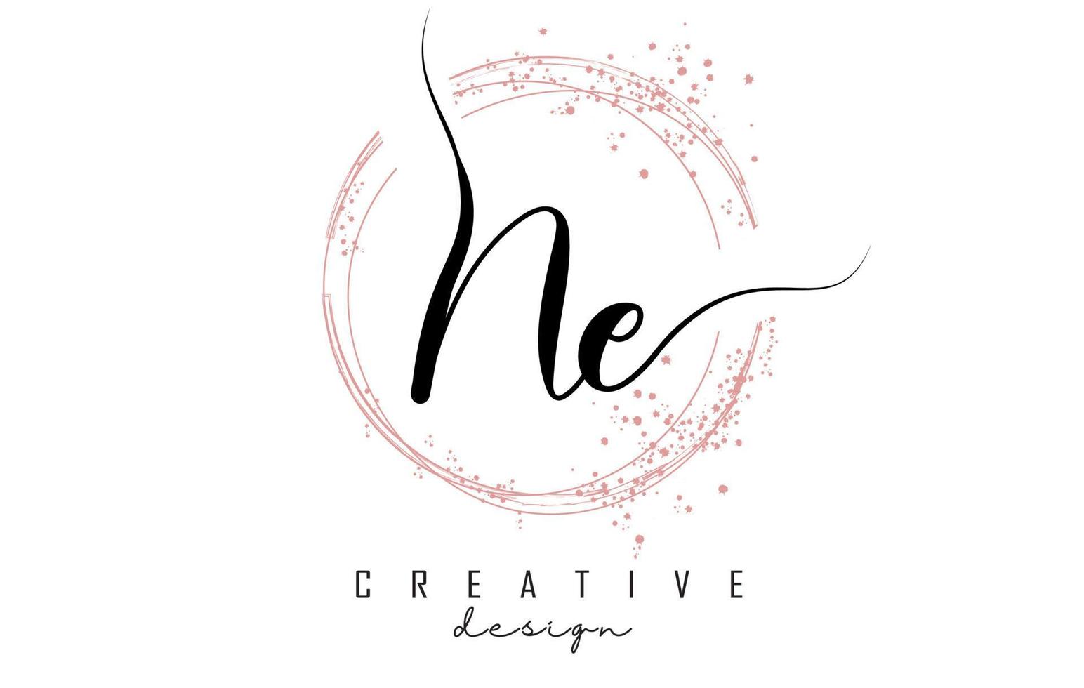 Handwritten NE N E letter logo with sparkling circles with pink glitter. vector