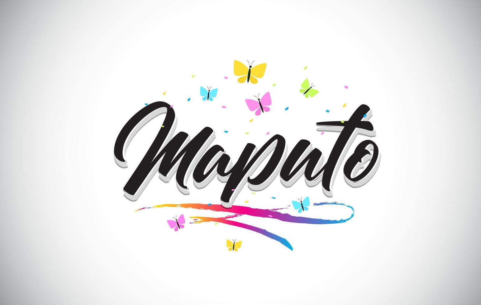 Maputo Handwritten Vector Word Text with Butterflies and Colorful Swoosh.