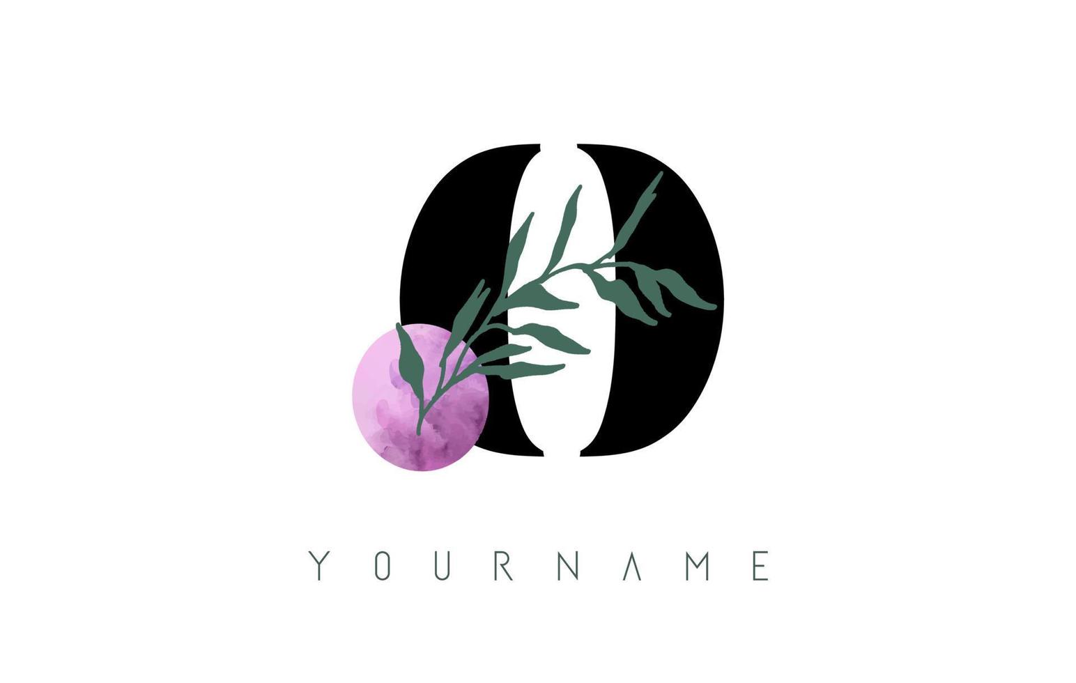 O Letter logo design with pink circle and green leaves. Vector Illustration with with Botanical elements. Nature vector template design concept with O letter.