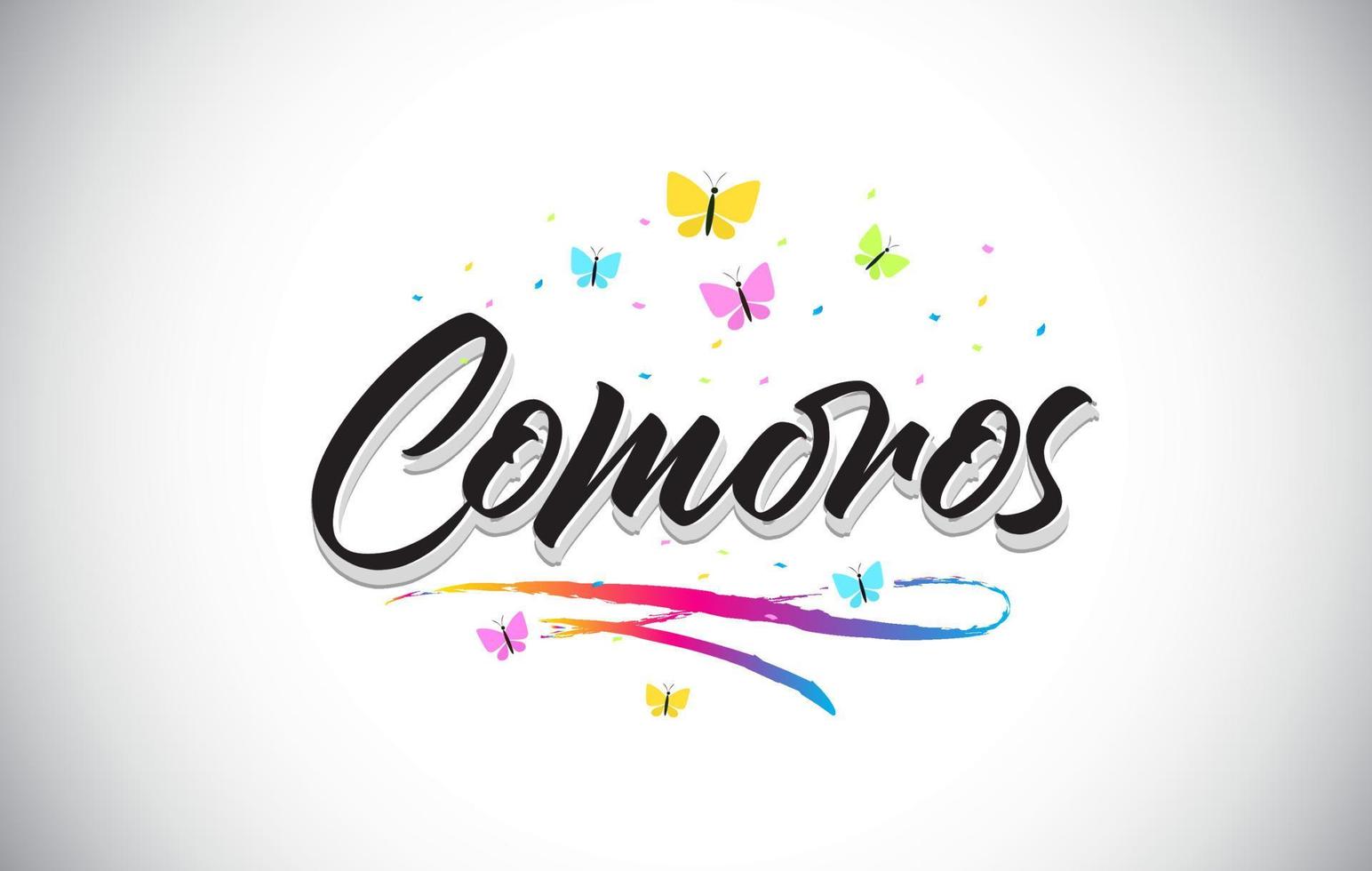 Comoras texto de palabra vectorial manuscrita con mariposas y colorido swoosh. vector