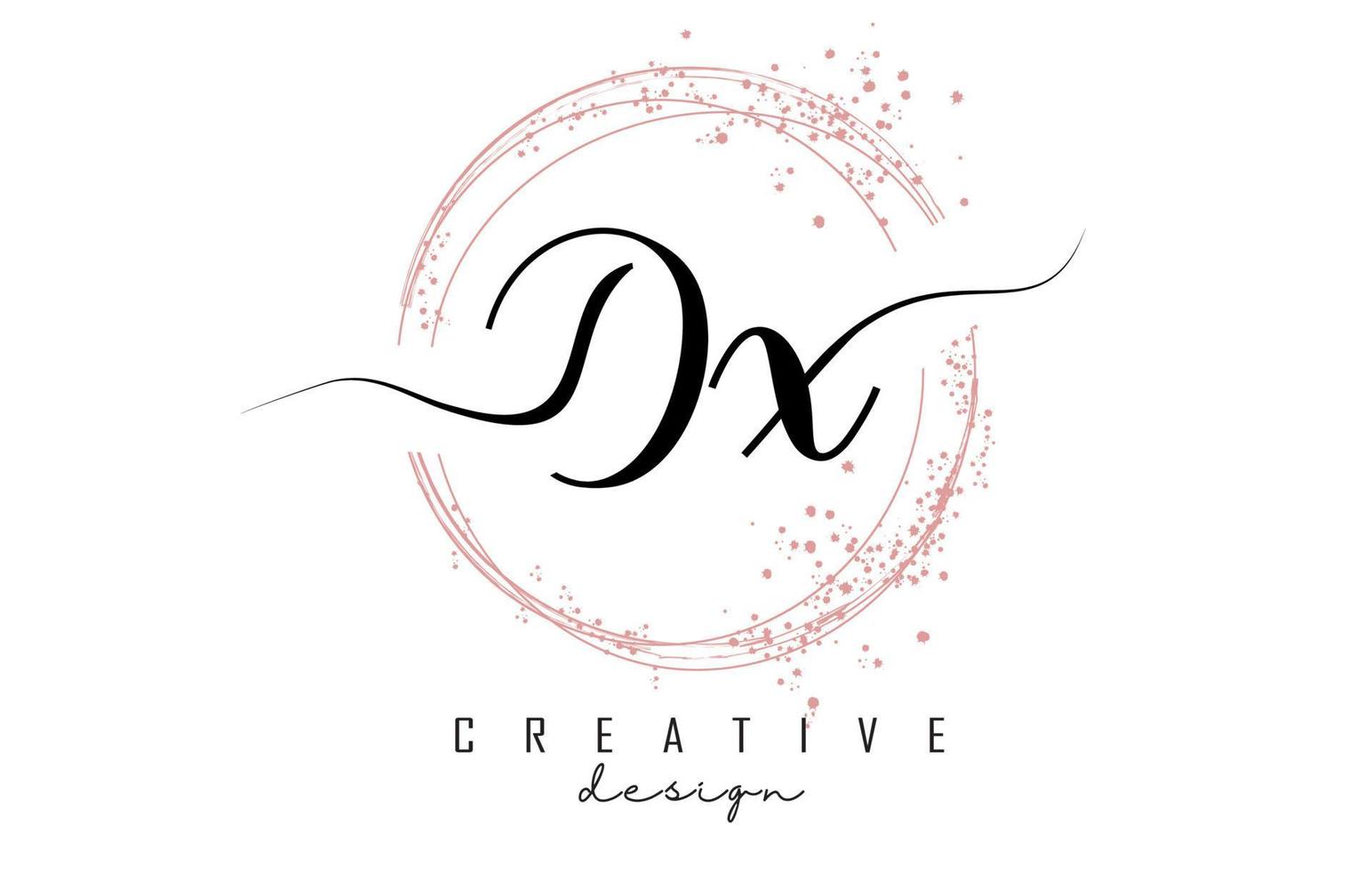 Logotipo de letra dx dx manuscrita con círculos brillantes con brillo rosa. vector
