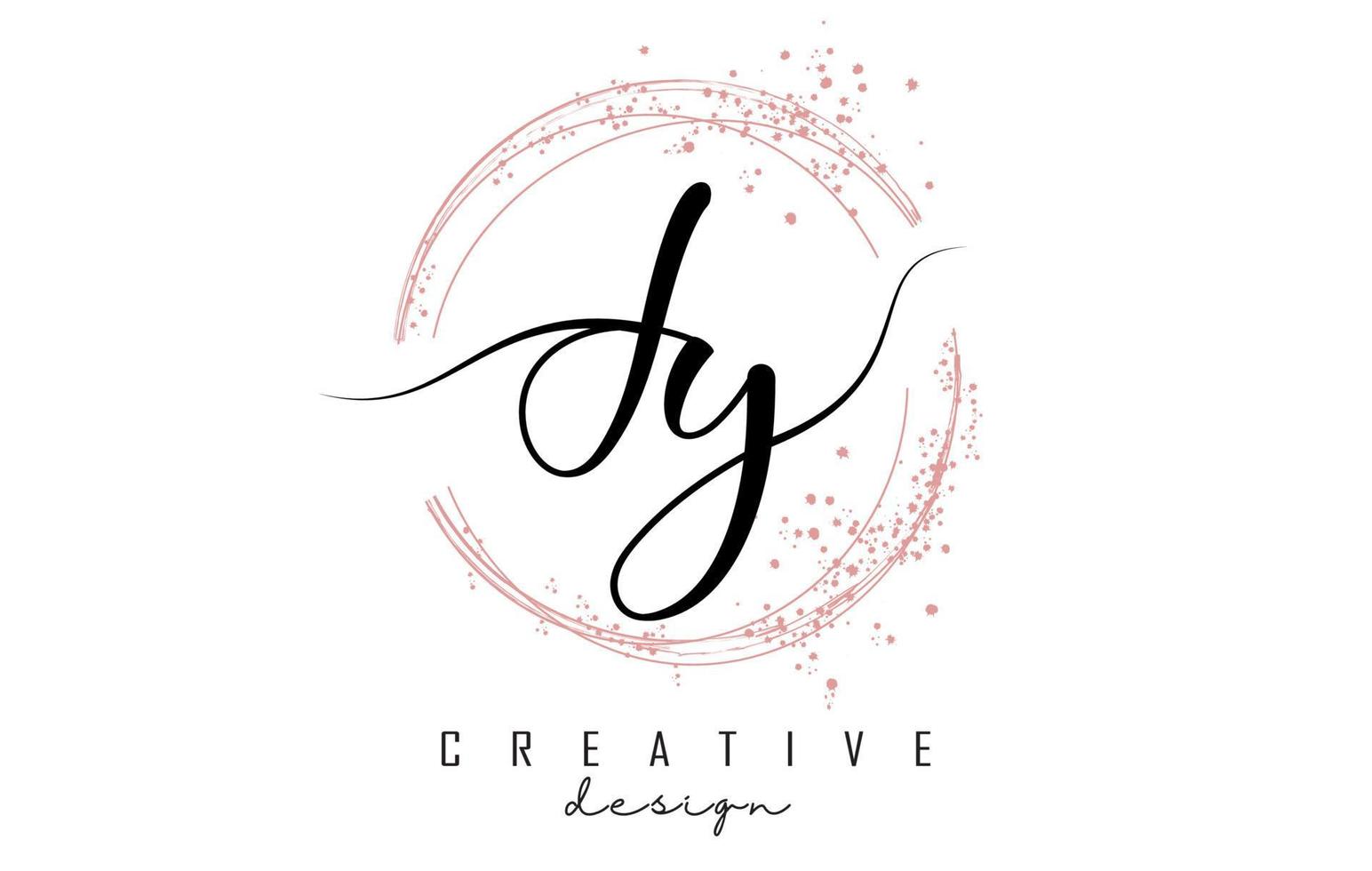 Logotipo de letra jy jy escrito a mano con círculos brillantes con brillo rosa. vector