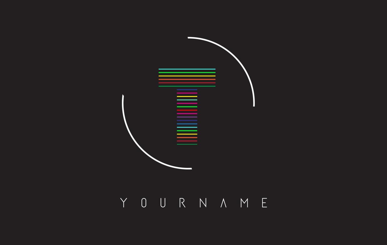T Letter logo design with bright and bold rainbow lines and rounded frame. vector